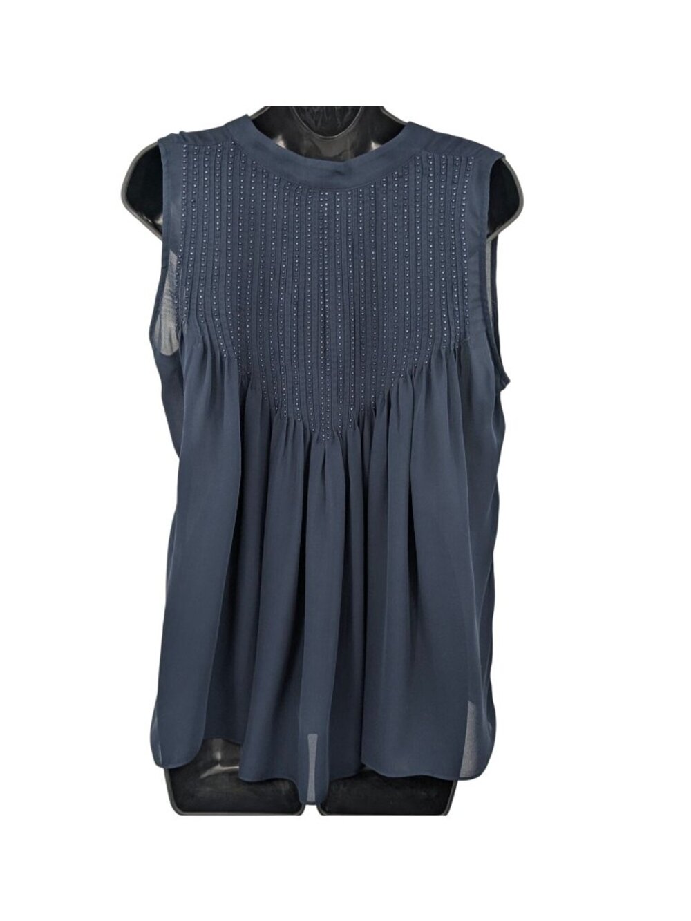 Silk Beaded Pintuck Sleeveless Top Office Quiet‎ Luxury Career Button Up Medium